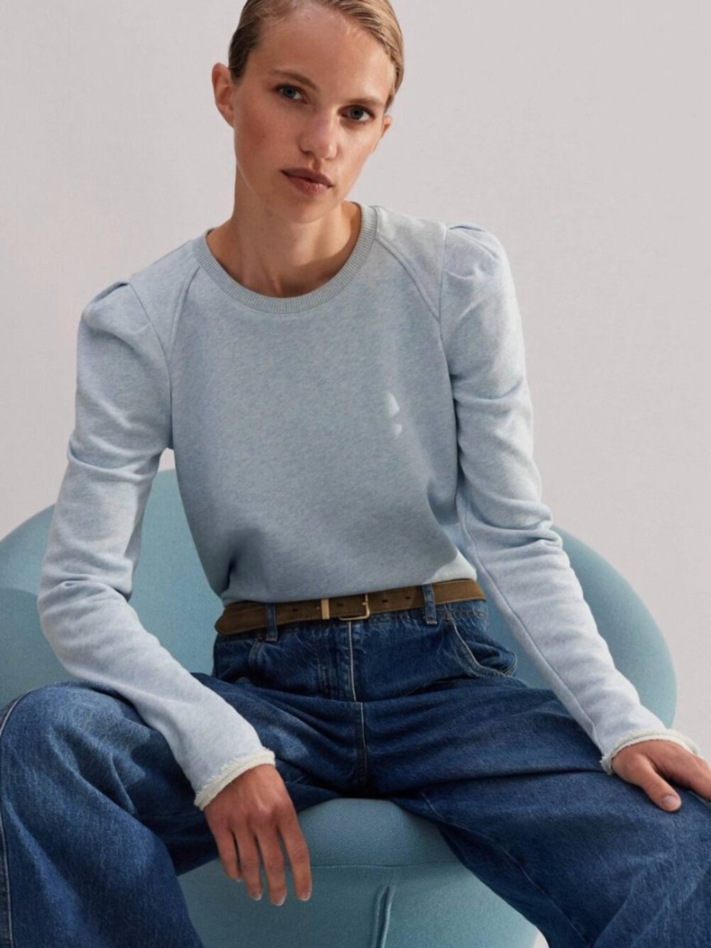 ME+EM Rib Trim Feminine Sweatshirt Chambray Blue US 10 Minimalist Pastel Cotton